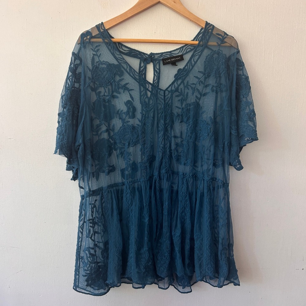 Lane Bryant Sheer Peplum Top Womens 18/20 Teal Blue Cottagecore Dark Romantic
